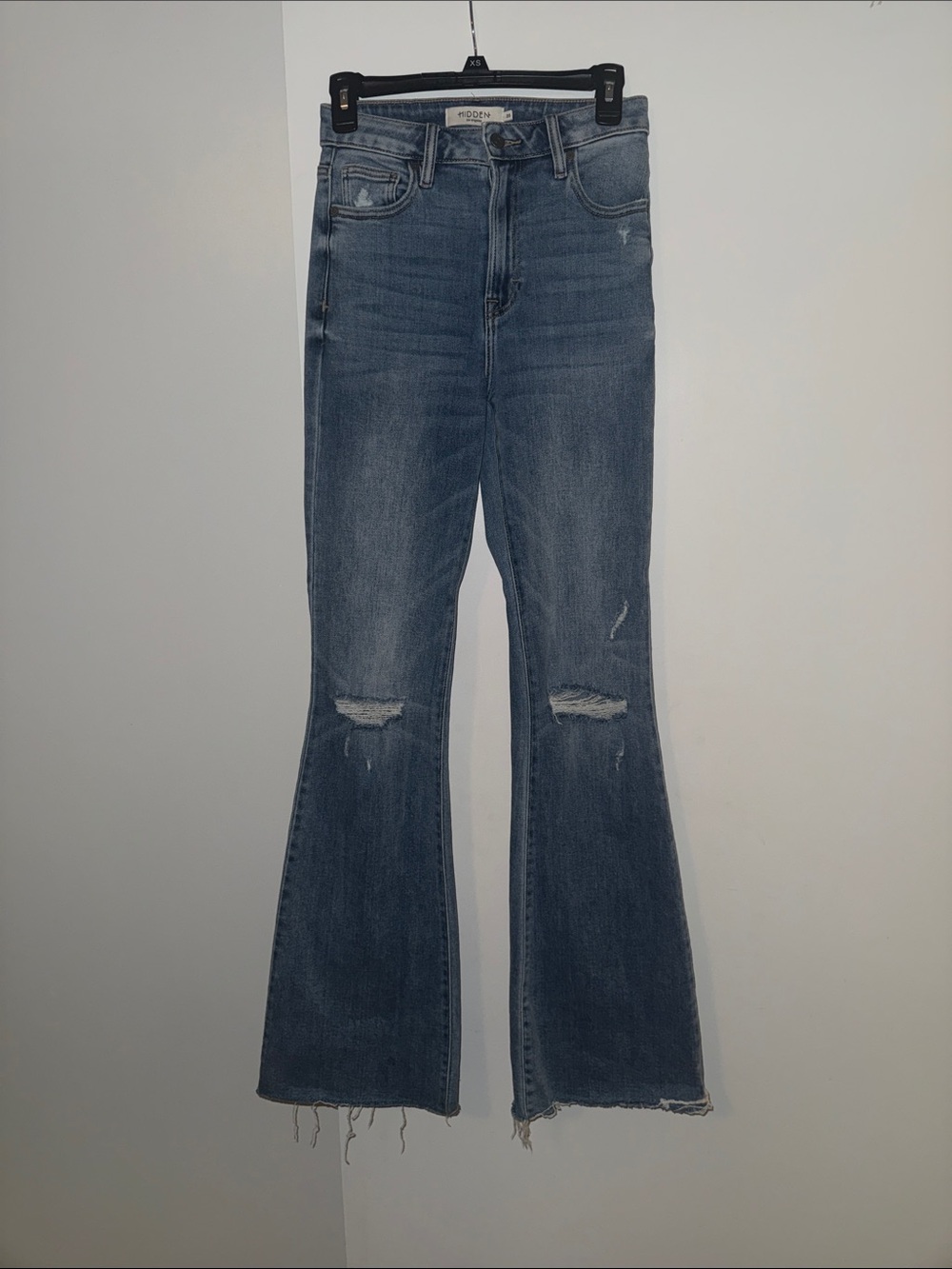 Hudson Jeans Mid-Blue High-Rise Flare with Knee Distressing - 36” inseam